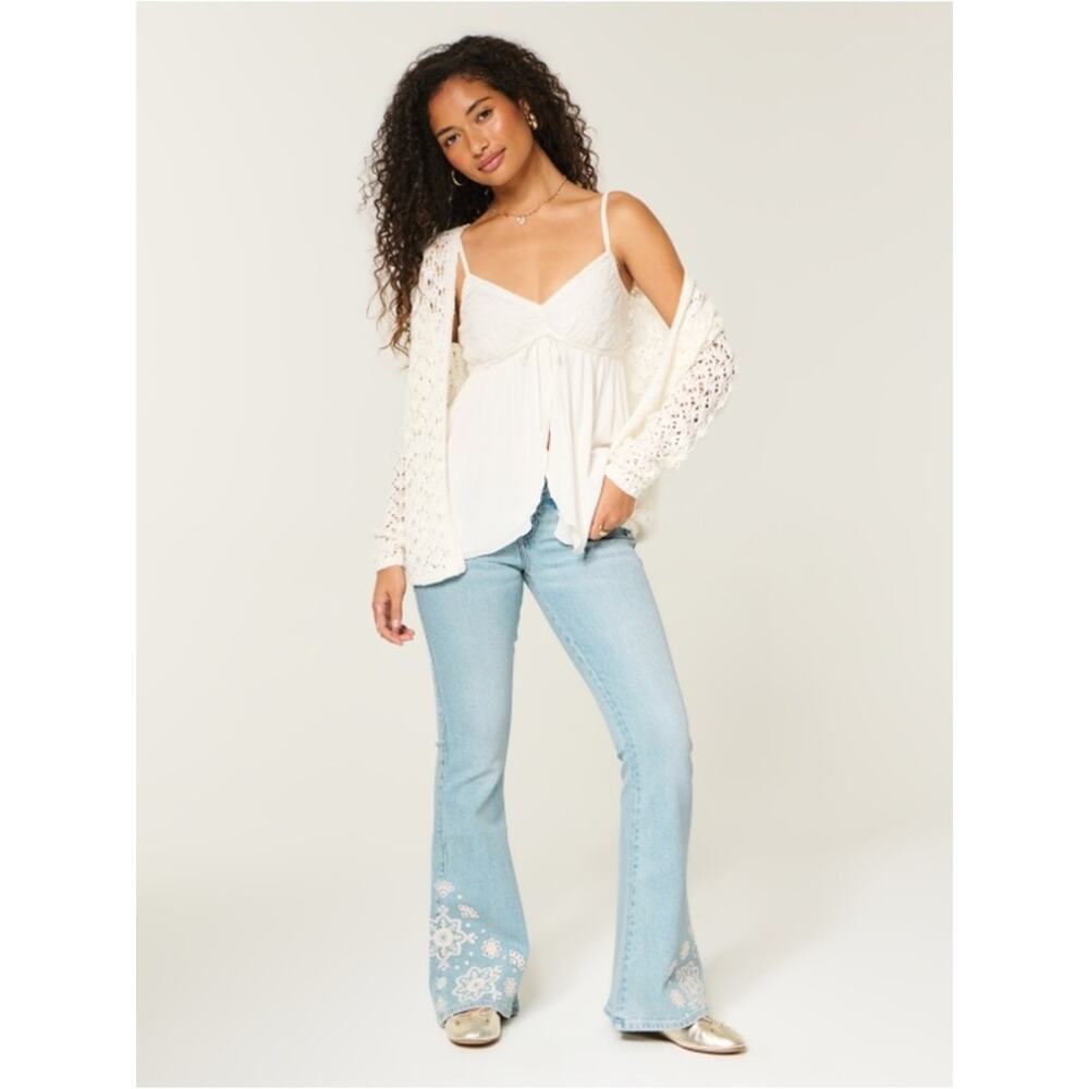 Hollister Light Blue Flare Jeans with White Floral Embroidered Hem - Picture 2 of 8
